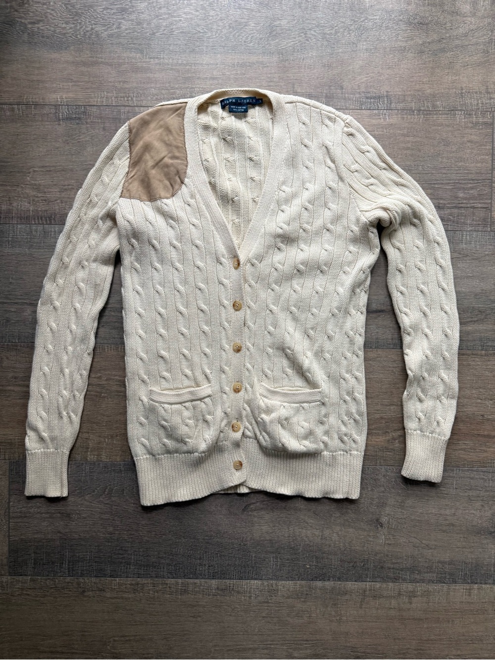 Vintage Ralph Lauren Cream Cable-Knit Cardigan with Tan Suede Patch